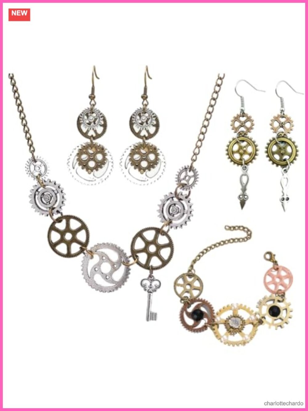 Steampunk Clock Gear Jewelry Set Necklace Earrings Bracelet Costume